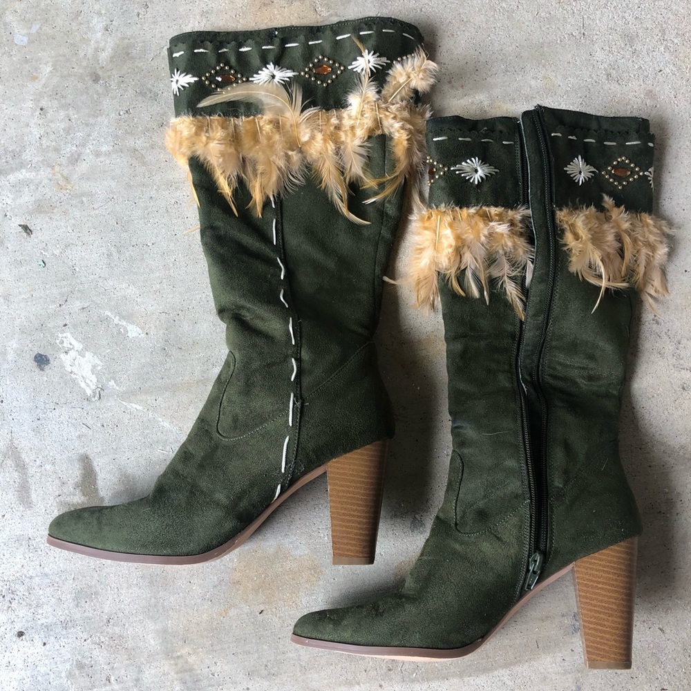 Suede olive green knee length heeled boots
